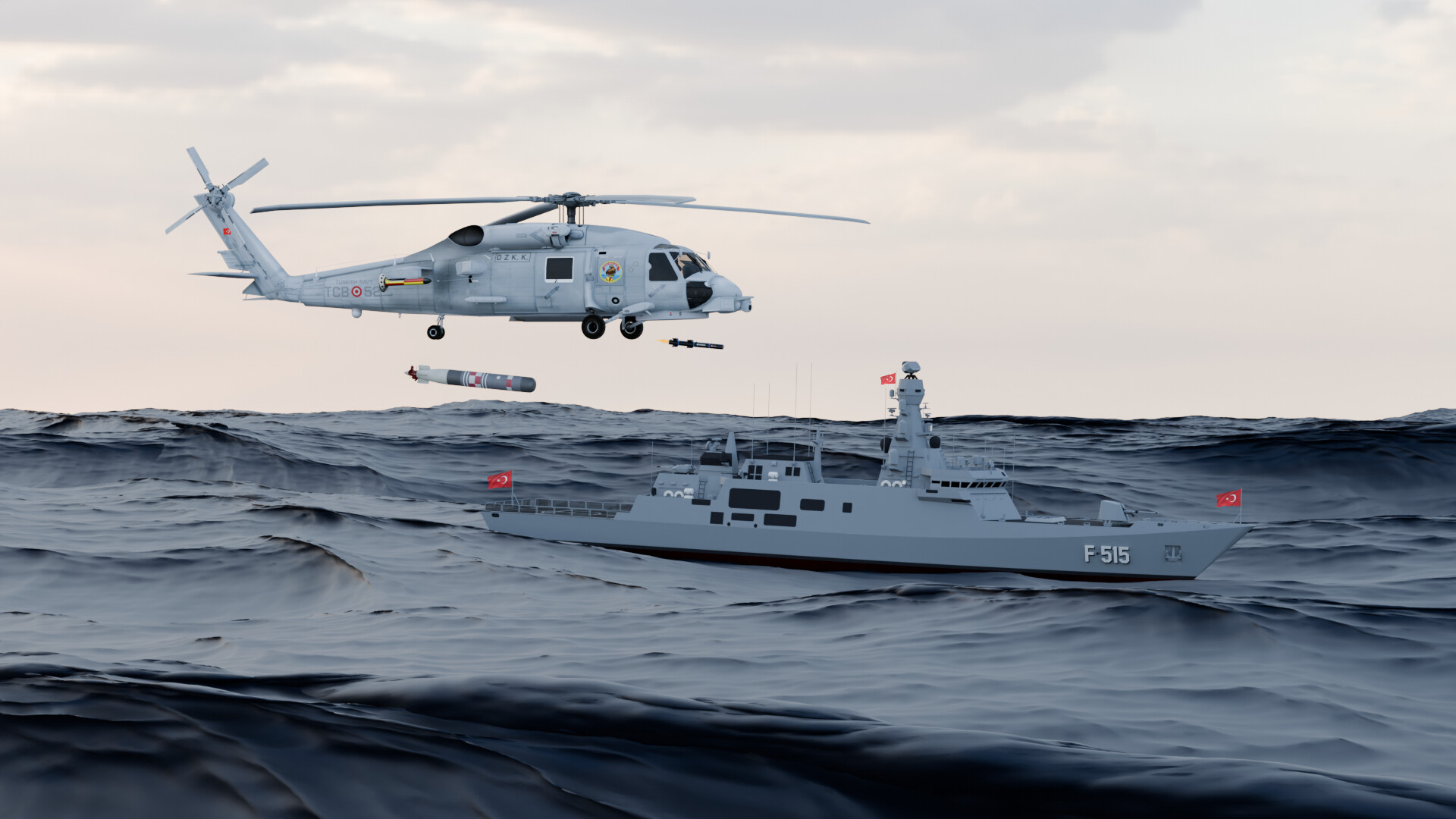 Military helicopter and naval vessel